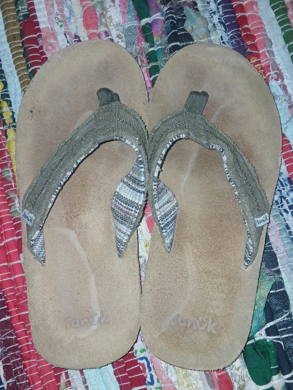 Sanuk Women's Brown Suede Flip Flops with Multicolor Woven Straps